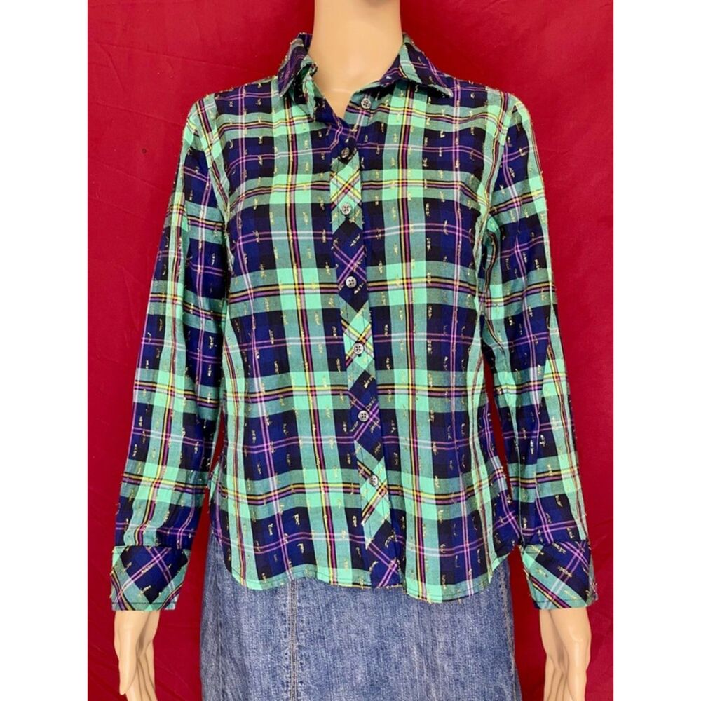 Talbots Green Navy Plaid Metallic Shirt Petite PS